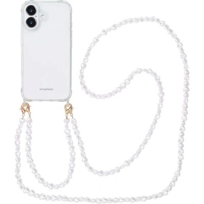 Afbeelding van imoshion Hoesje Geschikt voor iPhone 16 met koord Backcover + armband Parels hartjes transparant