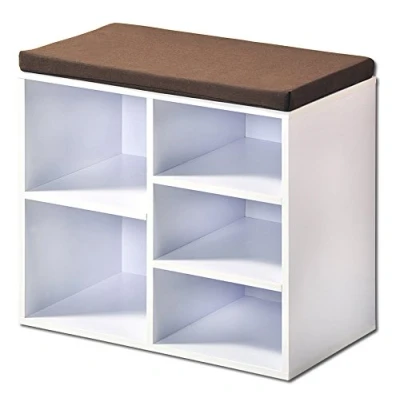 Afbeelding van Schoenenbank 5 paar schoenen met Zitkussen &amp; Opbergvakken Open Schoenenkast FSC® hout Afm 51.5 x 29.5 48 Cm Wit