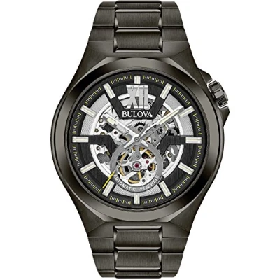 Afbeelding van Bulova Automatisch analoog herenhorloge met 98A179 roestvrijstalen armband, zwart, modern, zwart., Modern