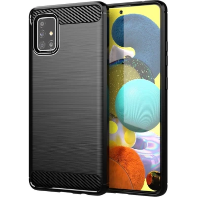 Afbeelding van Cadorabo Hoesje geschikt voor Samsung Galaxy A51 5G in Brushed Zwart Beschermhoes van flexibel TPU siliconen roestvrij staal carbonvezel look Case Cover