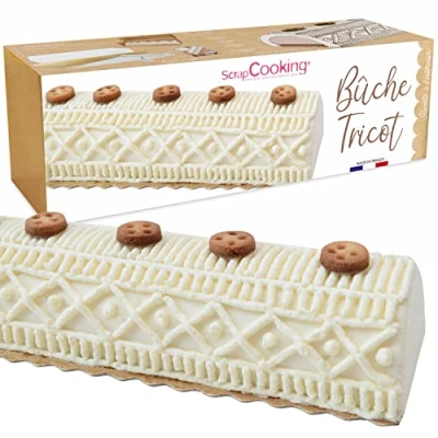 Afbeelding van Scrap Cooking 1937 Breiblokset origineel kerstdessert met vorm, gouden standaard, roestvrijstalen spuitmond, zak/doos en recept voor houtblokken, vanille bruin gemaakt in Frankrijk