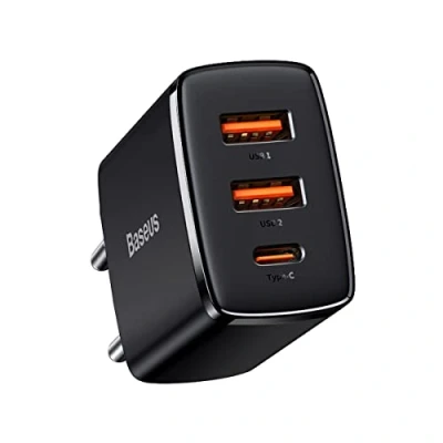 Afbeelding van Baseus Compacte Trio Snellader 30W USB/USB C Adapter Fast Charge Zwart