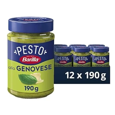 Image de Barilla pesto alla Genovese 12 x 190 g sauce pour pâtes italiennes sans gluten avec basilic 100% italien issu de l&#039;agriculture durable et Parmigiano Reggiano, pâtes, vert