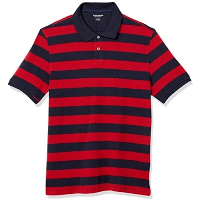 Image de Amazon Essentials Polo en piqué de coton pour homme (disponible grande taille large), rayures rugby rouge marine, XL