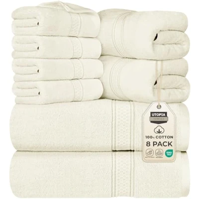 Afbeelding van Utopia Towels Set van 8 ivoorkleurige handdoeken, 2 badhanddoeken, handdoeken en 4 washandjes, 600 g/m², ringgesponnen katoen, zeer absorberend, voor badkamer douche