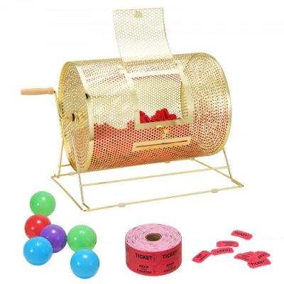 Image de VEVOR Tambour de Tombola Loterie Loto, Capacité 5000 Billets ou 200 Balles Ping pong, Cage Jeu Bingo en Métal, Plaquée Laiton, Poignée Tournante Bois, 409 x Ø 304 mm, pour Vote Événement