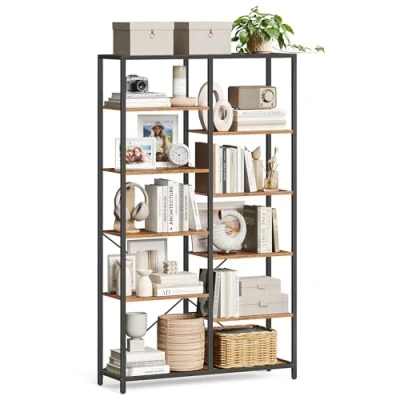 Afbeelding van VASAGLE boekenkast met 5 planken, staande boekenkast, legplank, voor woonkamer, badkamer, keuken, hal, eenvoudige montage, vintage bruin zwart LLS155B01