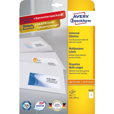 Afbeelding van Avery Zweckform 6125 Universele etiketten 210 x 297 mm Papier Wit 10 stuk(s) Permanent hechtend Inkjet, Laser (zwart/wit), (kleur), Kopiëren