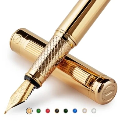 Afbeelding van Scriveiner Vulpen gouden pen met 24 karaat afwerking, Schmidt veer 18 kt (medium), ideaal voor dames en heren, professioneel, directeur, kantoor, mooie