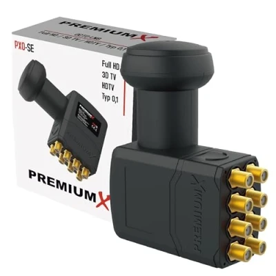Afbeelding van PremiumX Octo LNB voor 8 gebruikers, tv signaalomzetter met weerbescherming, digitale satelliet in zwart, DVB S2 8K UHD 4K Full HD