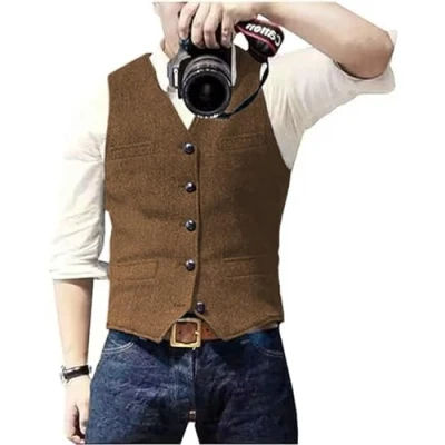 Afbeelding van Solovedress Casual wollen visgraatvest voor heren, V hals, tweed gilet bruiloft, Bruin