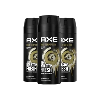 Afbeelding van Axe Bodyspray Gold Temptation deodorant zonder aluminium voor effectieve bescherming tegen lichaamsgeur gedurende 48 uur, 150 ml, 3 stuks