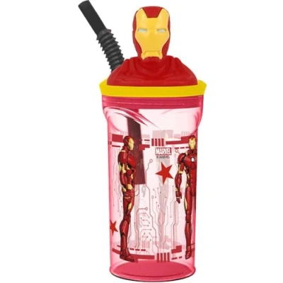 Afbeelding van Marvel Avengers Iron Man 360 ml rood kunststof kinderglas met rietje en 3D figuur van het personage