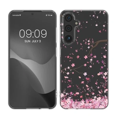 Afbeelding van kwmobile telefoonhoesje geschikt voor Samsung Galaxy A55 5G Hoesje smartphone in poederroze / donkerbruin transparant Kersenbloesembladeren design