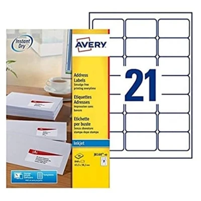 Afbeelding van Avery J8160 40 adresetiketten ft 63,5 x 38,1 mm (b h), 840 etiketten, wit etiket