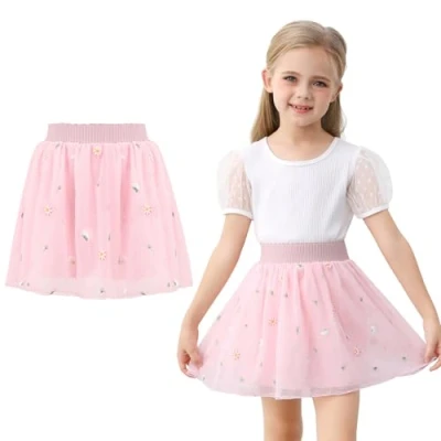 Afbeelding van boruizhen Meisjesrok, tutu, kinderen, rok, tule, 3 lagen, prinses, borduurpatroon, dansrok met elastische riem, 1 10 jaar, Roze