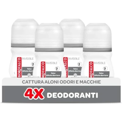Afbeelding van Borotalco, Onzichtbare roll on deodorant, grijs, met barrière effect, vangt geen halo&#039;s, 48 uur efficiëntie, zonder alcohol, klassieke geur 4 stuks à 50 ml exclusief Amazon