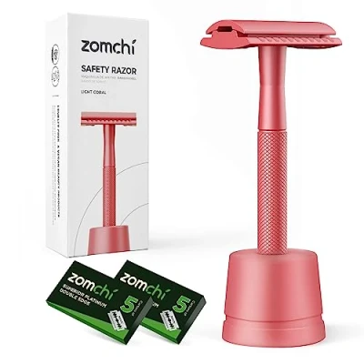 Image de ZOMCHI Rasoir de surete femme metal Manuel homme et sécurité reutilisable Rouge avec support