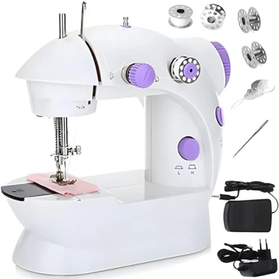 Afbeelding van 230 V elektrische mini naaimachine met 2 snelheden en voetpedaal, automatische naaiset garenspoelen, lege spoelen naald, draagbare naaiset, wit