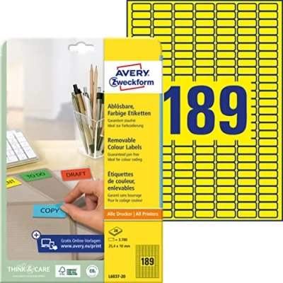 Afbeelding van Etiket Avery Zweckform L6037 20 25.4x10mm geel 3780stuks