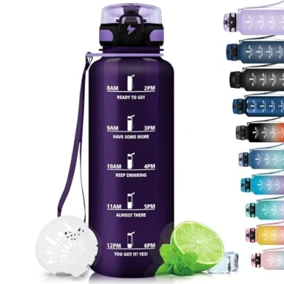 Afbeelding van Grsta Gourde de sport sans BPA avec détecteur temps motivation, pour fitness, yoga, camping, course Violet intense