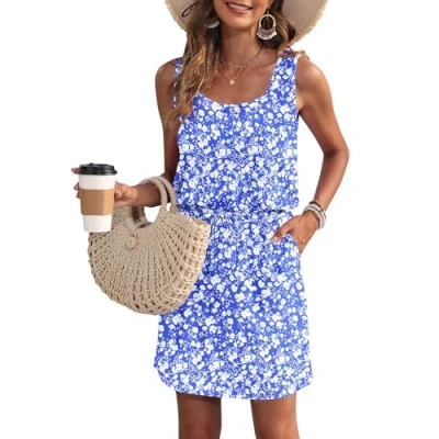 Afbeelding van WNEEDU Zomerjurk voor dames, mouwloos, U hals, trekkoord, luchtige jurk met zakken, Blauwe en witte bloemen, S