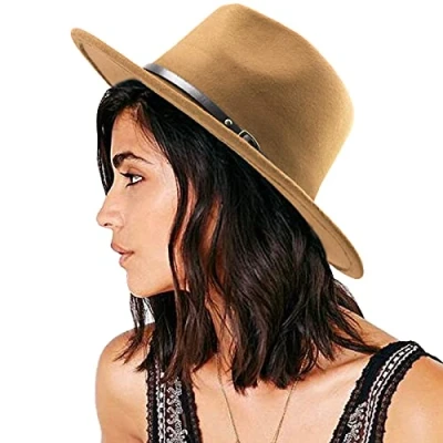 Afbeelding van DRESHOW Fedora hoed met brede rand voor dames, riemgesp, retro, panama floppy hoed, 25 kaki