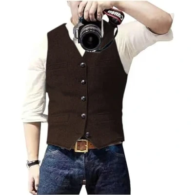 Afbeelding van Solovedress Casual wollen visgraatvest voor heren, V hals, tweed vest bruiloft, Koffie