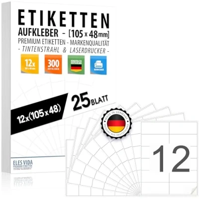 Afbeelding van Adresetiketten zelfklevend, 105 x 48 mm (12 per DIN A4 vel), adreslabels bedrukbaar met inkjet en laserprinter, Made in Germany, 300 stuks