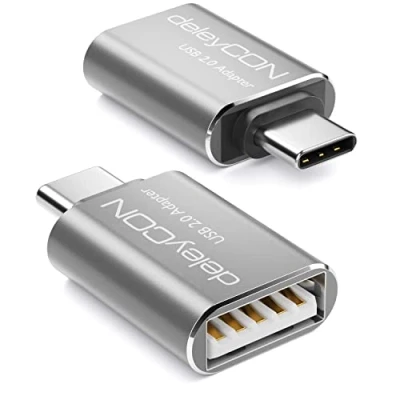 Afbeelding van deleyCON USB C naar adapter (2 stuks) OTG aluminium voor smartphone laptop tablet compatibel met iPhone 15 Pro Max MacBook Air 2023 IPad Mini iMac zilver