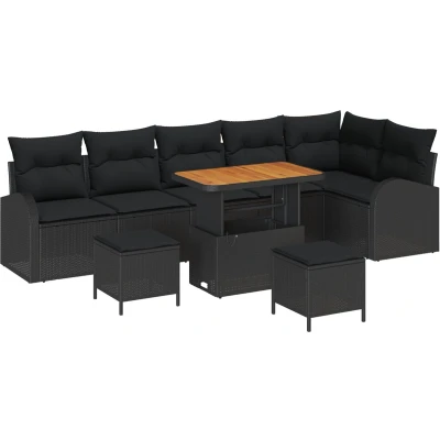 Afbeelding van vidaXL 9 delige Tuin Sofa Set met Kussens Zwart Poly Rattan Acacia, 2 Persoons Rattan, 3 Eet Acacia