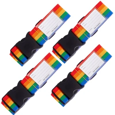 Afbeelding van OW Travel Bagageriemen voor Koffers (Regenboog: 4 stuks) Goed zichtbare stevige Kofferbanden met bagagelabels. Reiskoffer riemen. Bagageriem Kofferband reis riem Kofferbagage. Tas band Kofferriem