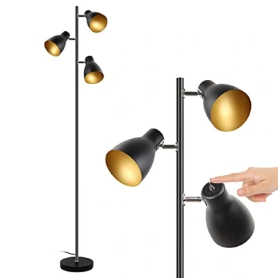 Afbeelding van Staande leeslamp, boom vloerlamp met 3 verstelbare roterende lampen, onafhankelijke bediening, retro metaal, zwart goud, E14, 168 cm voor woon en slaapkamer, kantoor, thuis