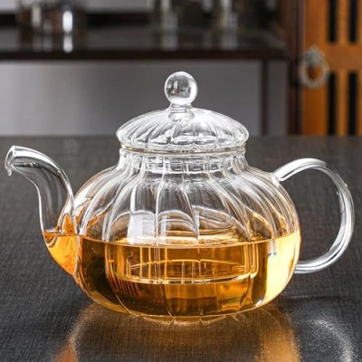 Afbeelding van YUEMING Theepot van glas, en theeset Gestreepte Pompoenvorm, met Filter 600ml