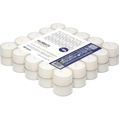 Afbeelding van Horeca Candles Set van 50 witte theelichtjes 8 uur houdbaar Geurloos stuks Transparant plastic glas