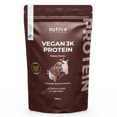 Afbeelding van Nutri+ Vegan 3K Protein Eiwitpoeder Chocolate Brownie Veganistisch proteïnepoeder met proteïnen uit soja, erwten en zonnebloem lactosevrij glutenvrij 1000 g