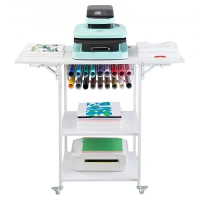 Image de VEVOR Table de Presse à Chaud Support Mobile avec Roues 3 Niveaux Pliable Blanc