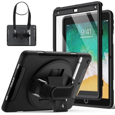 Afbeelding van JETech Beschermhoes voor iPad 9,7 inch (6e / 5e generatie, model 2018/2017) met geïntegreerde displaybescherming, schokbestendig, 360 graden draaibaar, standaard polsband (zwart)