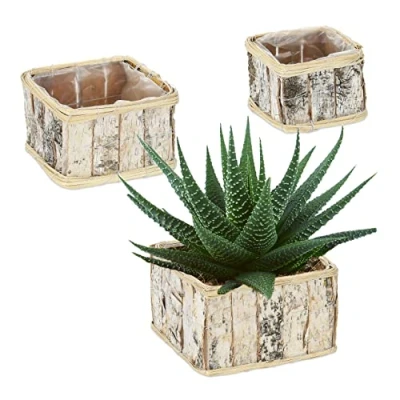 Afbeelding van Relaxdays plantenbak set van 3 berkenhout rechthoekig folie binnen en buiten wit natuur