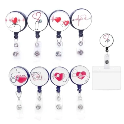 Afbeelding van 8 stuks ID kaarthouder, verpleegster, intrekbaar, clip, intrekbare badgehouder, voor verpleegkundigen, dokters, leraren, vrouwen, mannen (zwart wit rood)