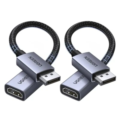 Afbeelding van UGREEN 4K DisplayPort naar HDMI adapter, 2 stuks, 4K, 30 Hz, K, 60 converter, DP mannelijk aansluiting, unidirectioneel, van gevlochten nylon, compatibel met laptop, HDTV, monitor