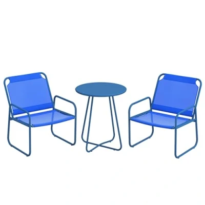 Afbeelding van Outsunny Tuinset, 3 delig, tuinmeubelen, 2 stoelen, 1 ronde tafel, staal en ademende stof (blauw)