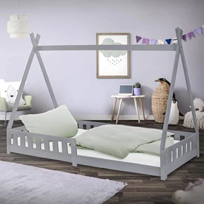 Afbeelding van ML Design Tipi kinderbed, 90 x 200 cm, lichtgrijs, met valbescherming en lattenbodem, grenenhout, Indiaas bed voor binnen, hek, veiligheidsrooster, speeltent, huisstijl
