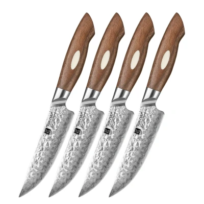Afbeelding van Xinzuo Steakmessenset van 67 laags AUS10 damascus staal Set 4 steakmessen Uniek patroon incl. giftbox / bewaardoos Handvat Walnoothout B46W Series