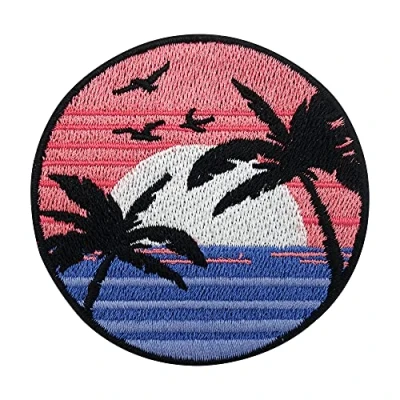 Afbeelding van Opstrijkbare patch Zonsondergang op zee Strand Patches, Palmbomen, Zon, Strijkpatch Finally Home