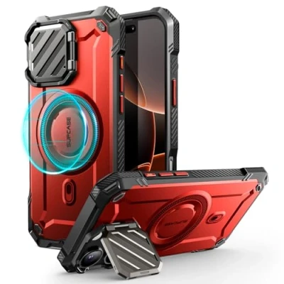 Afbeelding van SUPCASE UB Pro MagXT Hoesje Geschikt voor Apple iPhone 16 Back Cover met Camera Protector Kickstand Compatibel MagSafe Extra Bescherming Rood