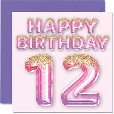 Afbeelding van Stuff4 Verjaardagskaart voor meisjes 12 jaar, roze en paarse glitterballonnen, verjaardagskaarten dochter, zus, kleindochter, neef, 145 mm x