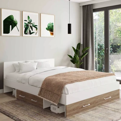Image de lit double MINEA avec tiroirs + niches de rangement tête et sommier 140 x 190 cm façon hêtre blanc
