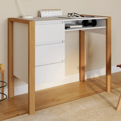 Image de Bureau scandinave HUGO avec 3 tiroirs et niche blanc bois IDMarket