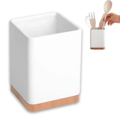 Afbeelding van KOOK TIME keukengerei, houder van keramiek en bamboe, keukenaccessoires, voor het opbergen glanzend wit, 10,5 x 15 cm